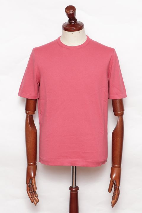12G ハイゲージ ソフトコットン ソリッドクルーネック ニットTシャツ/ ピンク