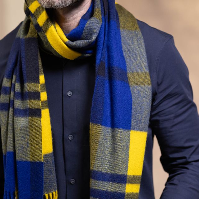 CPG52529 カシミア ブロックチェック ストール 50 x 190 / イエロー×コバルトブルー×ダークネイビーチェック