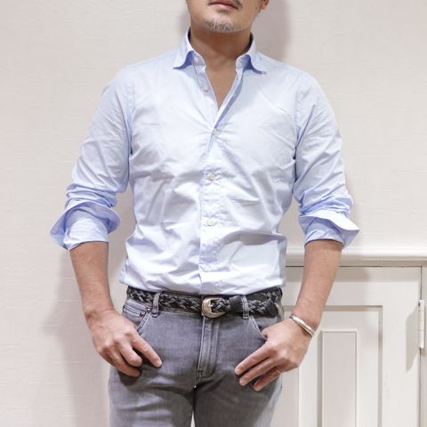 "GRANSASSO"ニット切り替えスタジャンを使用したデニムカジュアルスタイル