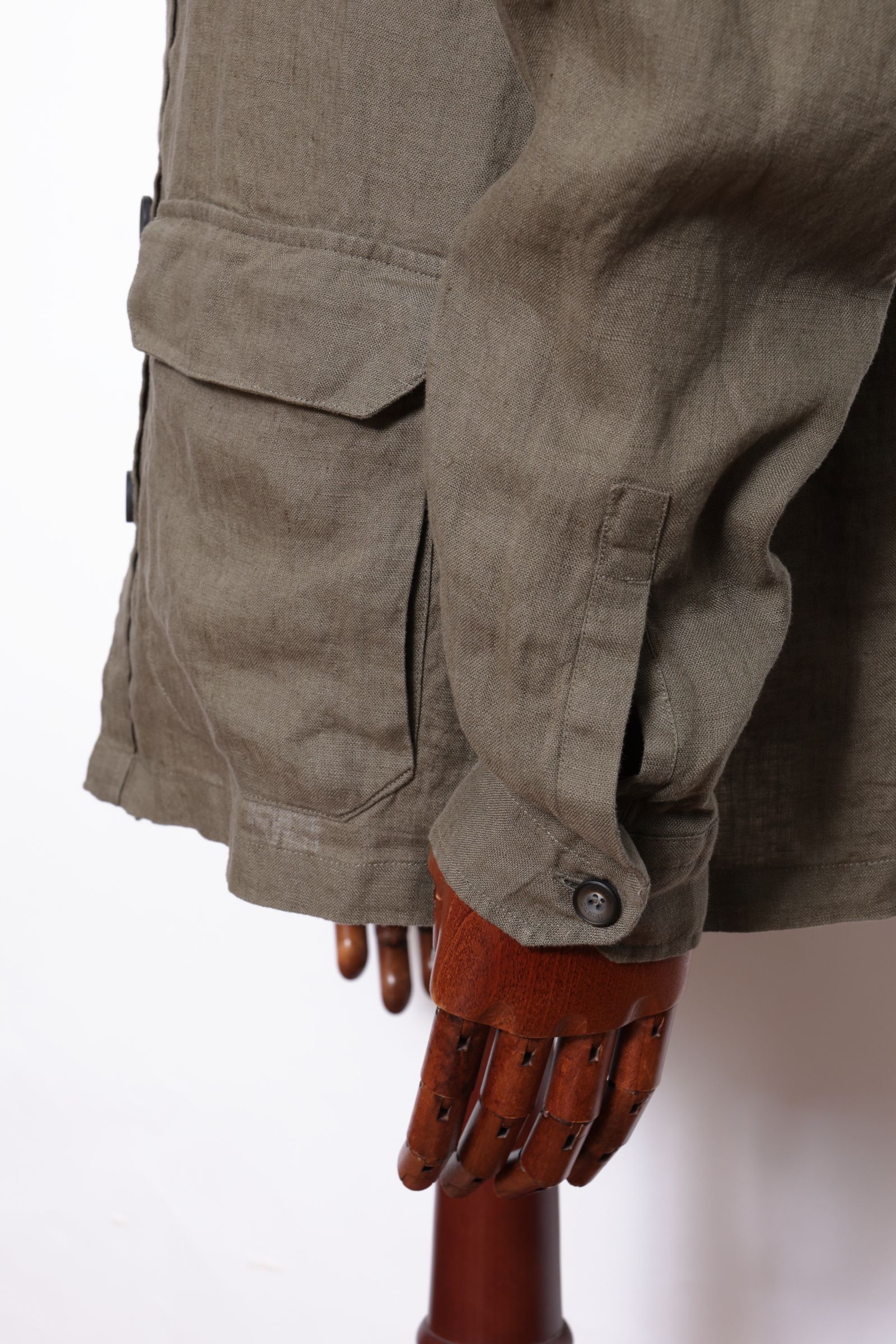 FI000152U ガーメントダイ リネン サファリジャケット  / 7730 カーキ