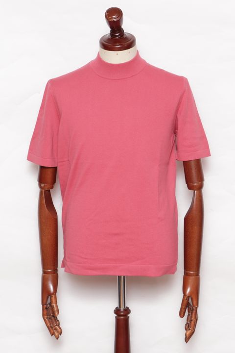 12G ハイゲージ ソフトコットン ソリッドモックネック ニットTシャツ/ ピンク