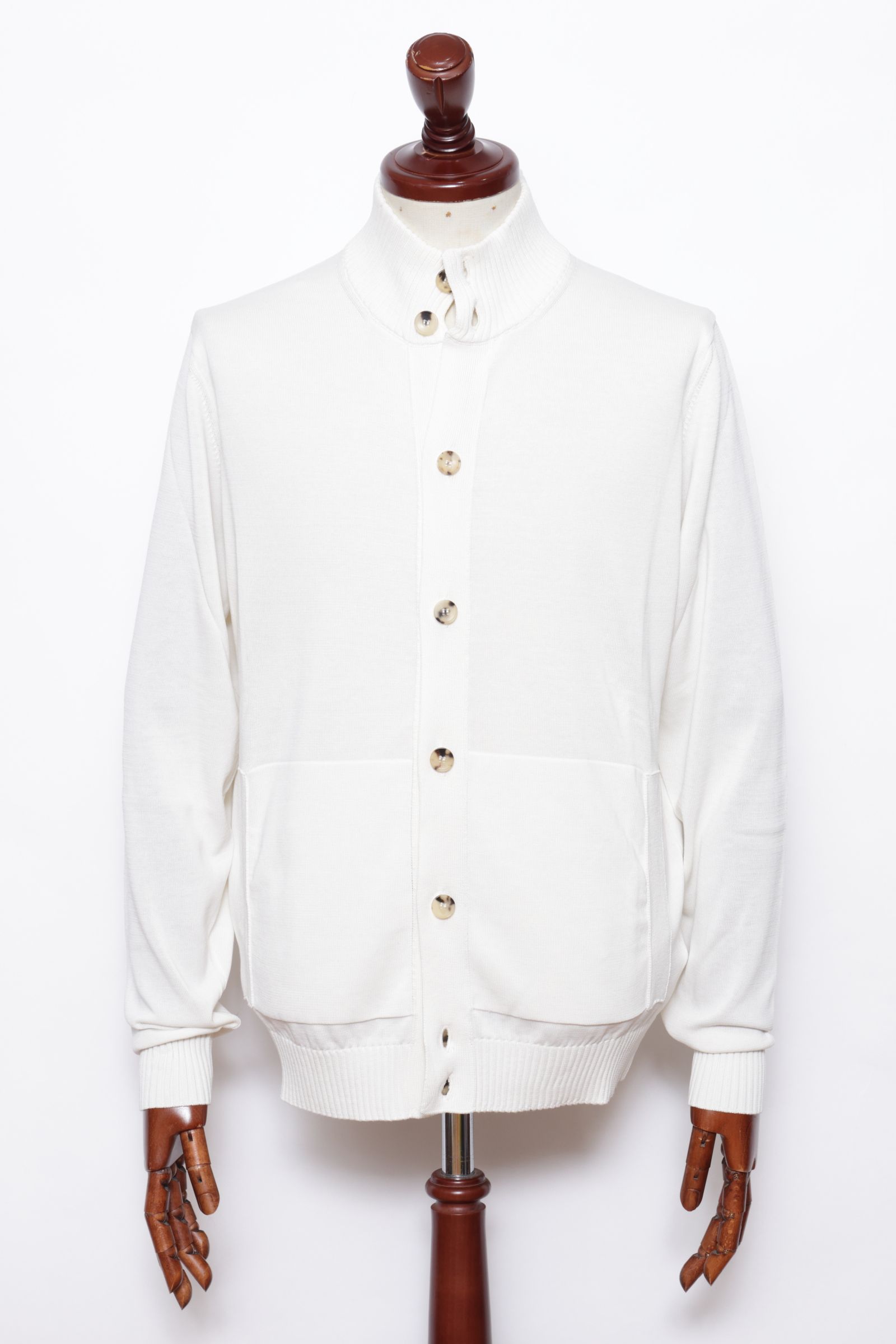 BB3MLT クレープ コットン ニット ハイゲージ スタンドカラー カーディガン / アイボリー 0020