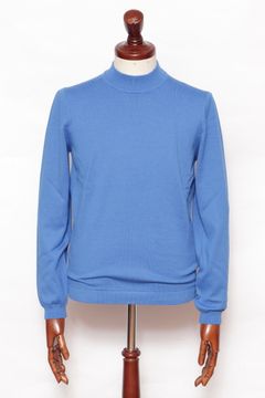 12G ハイゲージ ソフトコットン ソリッド モックネック ニット長袖Tシャツ/ ロイヤルブルー 573