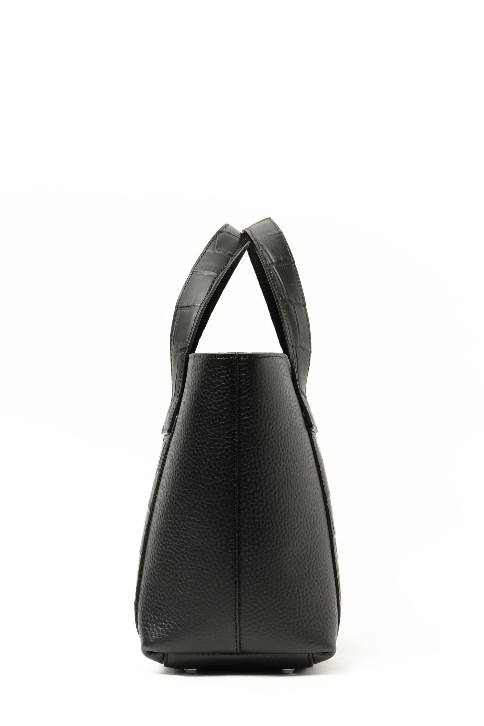 底鋲付き【BEKKU HOMME 別注】Tela Marinaシリーズ ファスナー式 クロコダイル型押し × シュリンクレザー コンビネーション ミニトートバッグ  / ブラック