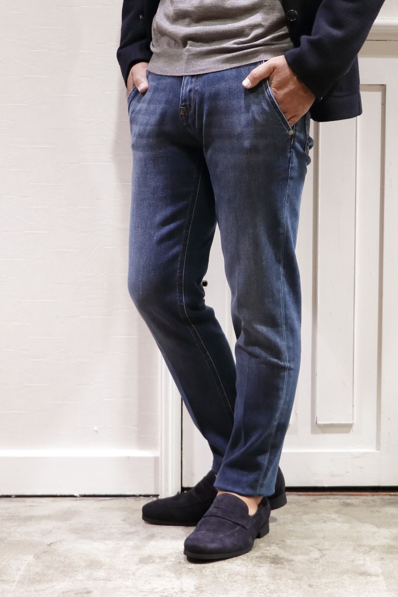 INDIE / TAPERD FIT コットン ポリエステル ストレッチ ウォッシュド スラントポケット デニムパンツ / インディゴ