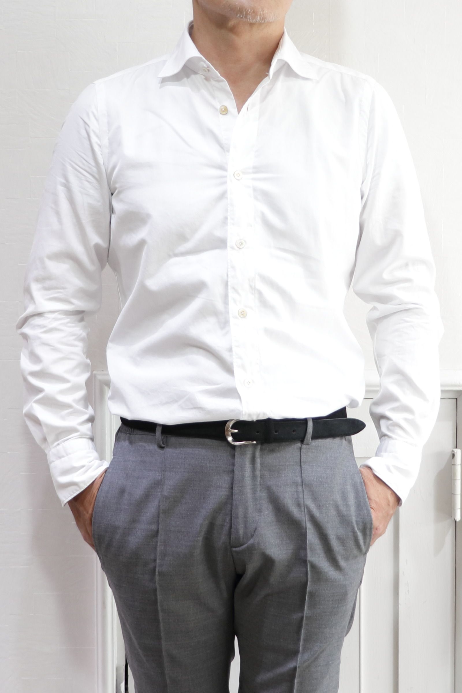 LUIGIルイジ / BALIバーリ  ウォッシュドコットン ブロード ワイドカラーシャツ / ホワイト