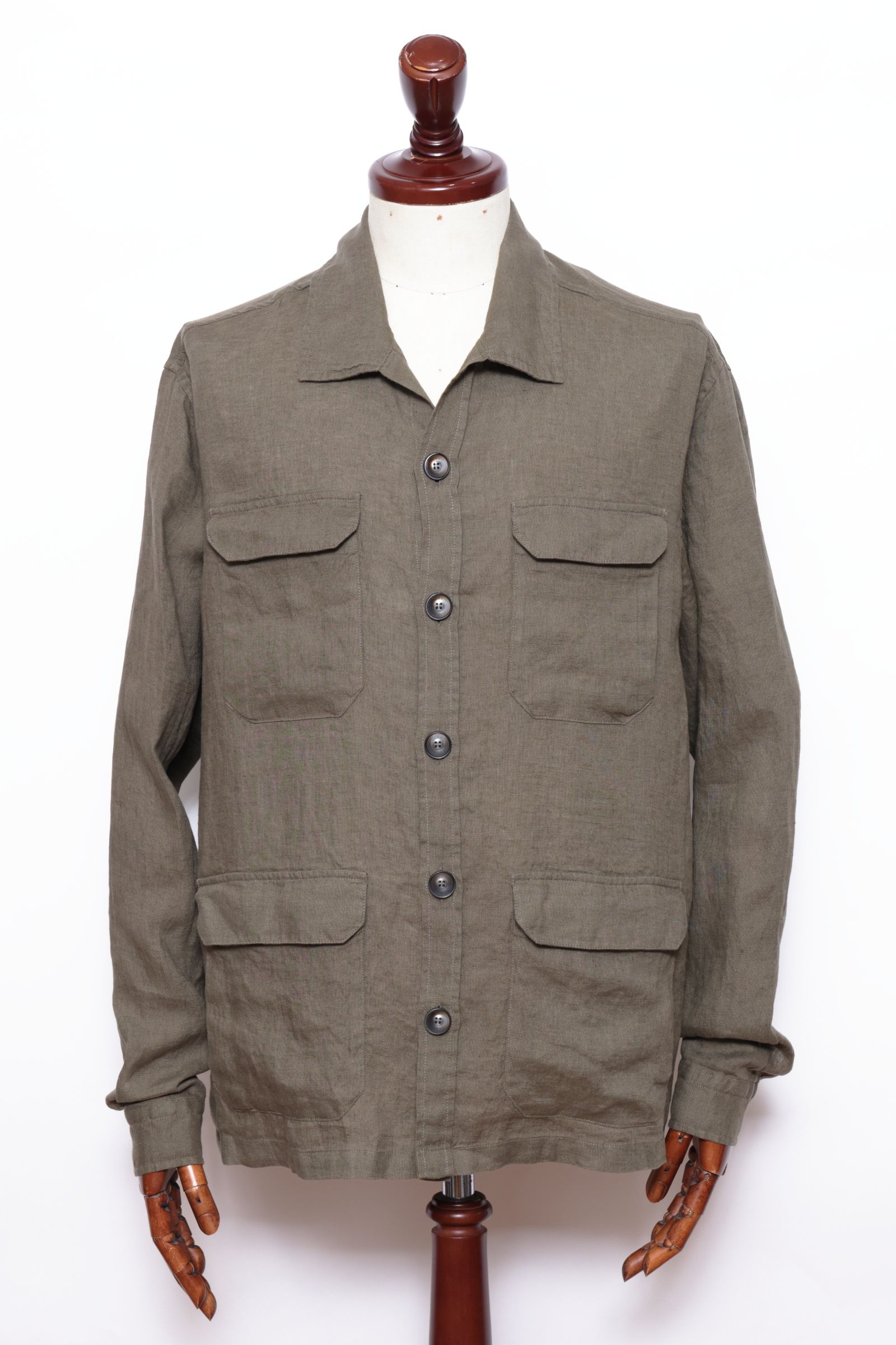 FI000152U ガーメントダイ リネン サファリジャケット  / 7730 カーキ