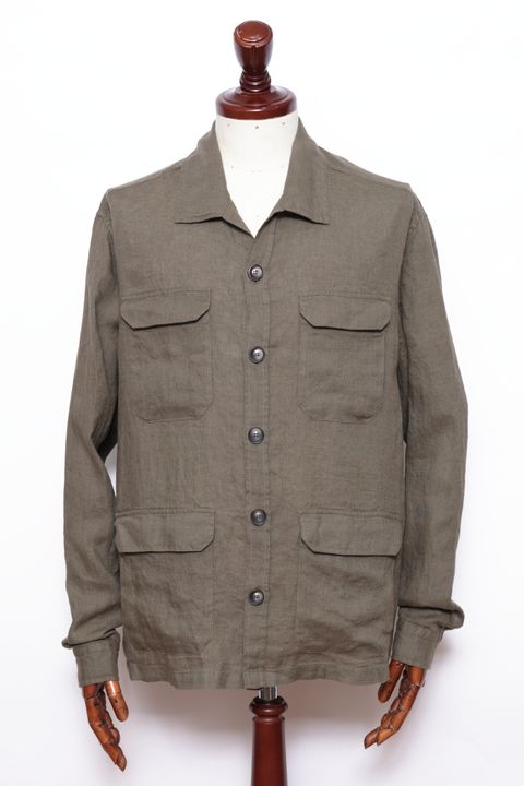 FI000152U ガーメントダイ リネン サファリジャケット  / 7730 カーキ