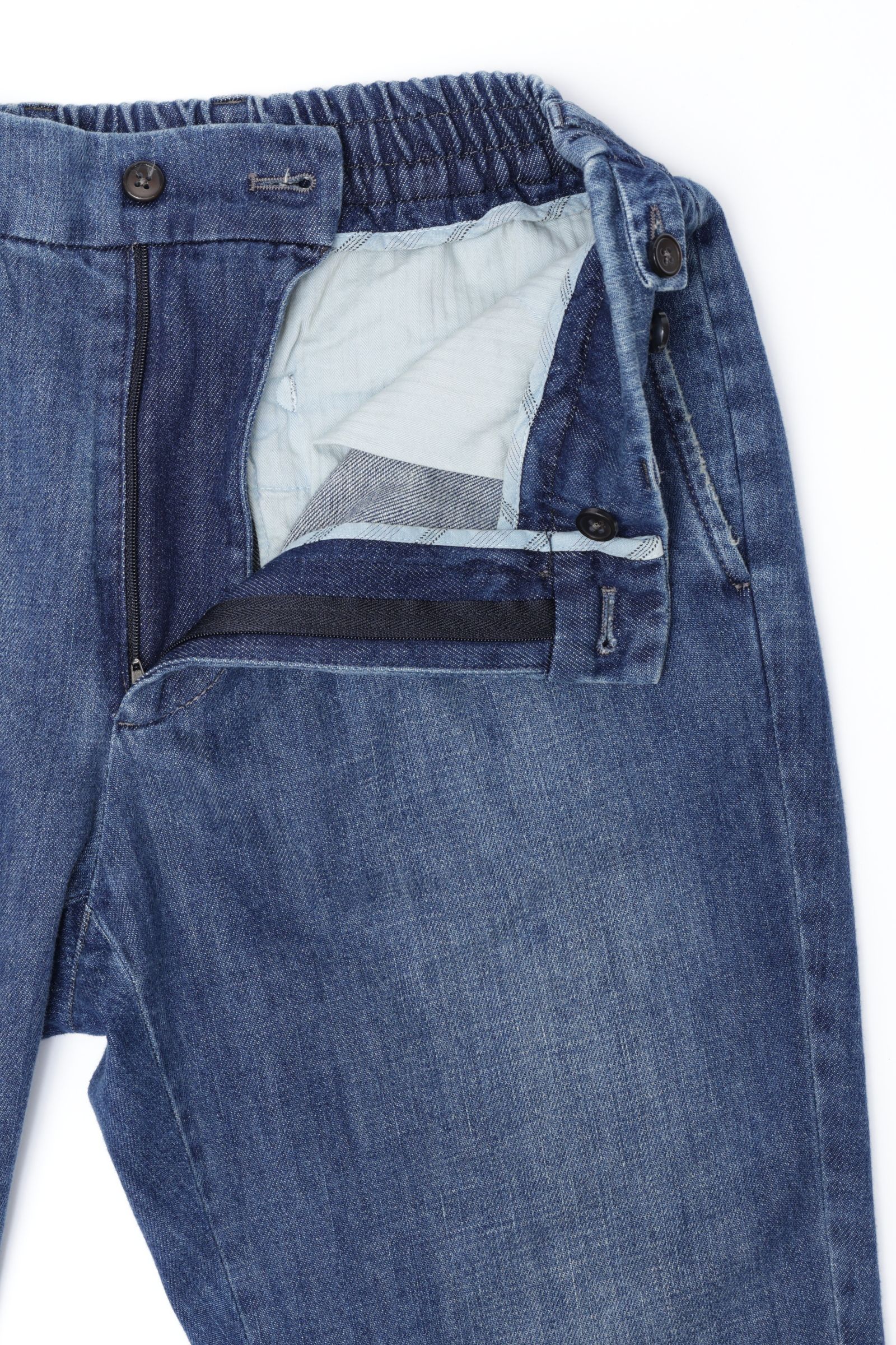 BERTO GD DNM ベルト  デニム生地 1プリーツ バックシャーリング テーパードパンツ / インディゴブルー