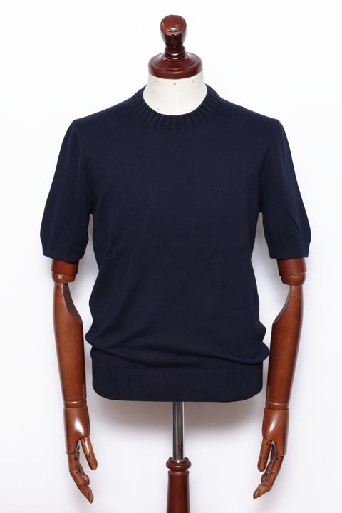 14ゲージ ソフトコットン クルーネック半袖ニット / ネイビー 598