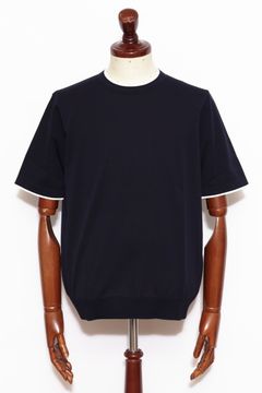 terriorシリーズ #0421 シーアイランドコットン ハイゲージ バイカラー ショートスリーブ ニット / Navy ネイビー