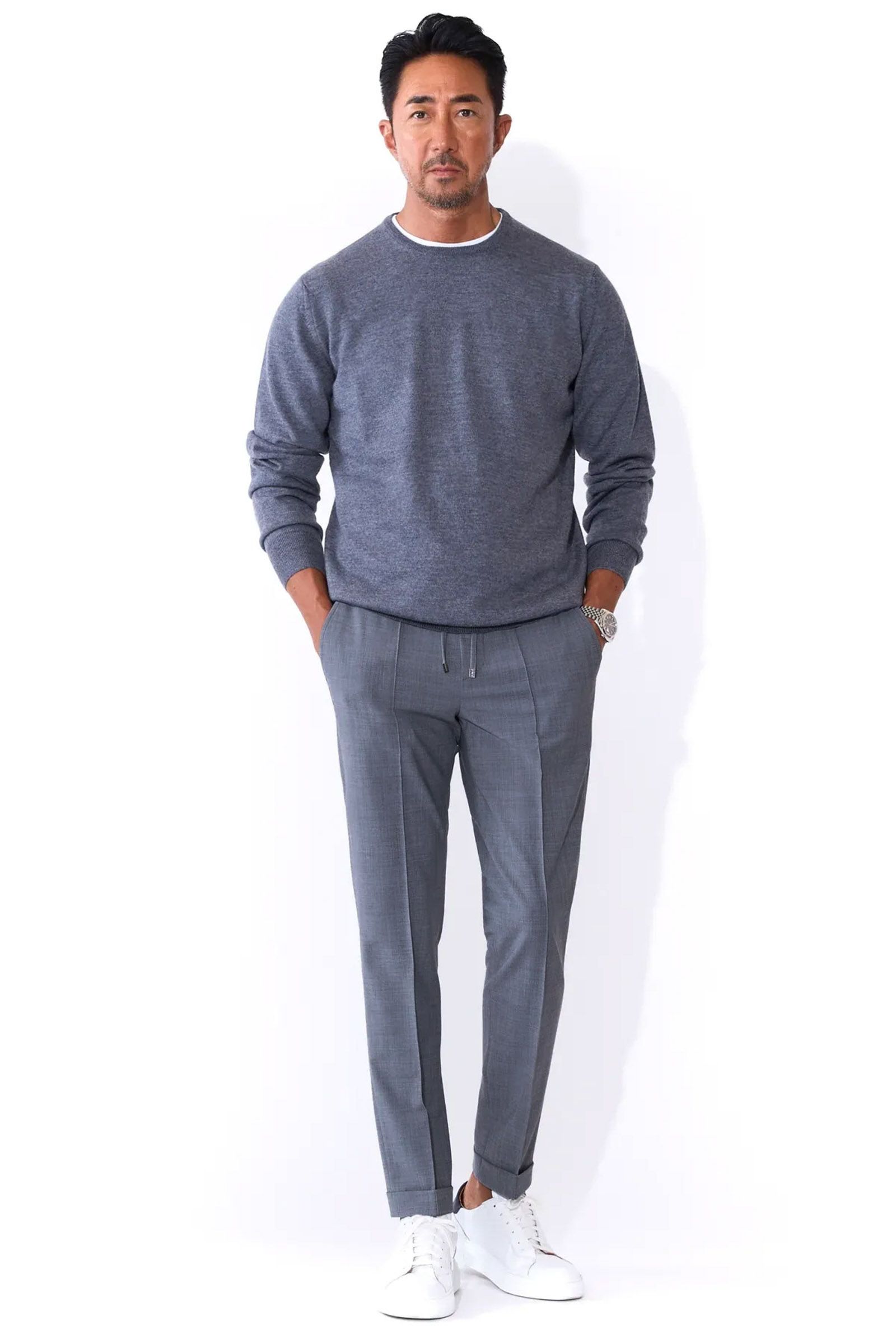 サイズ52まで【干場義雅氏 別注モデル】H DUE 永久クリース ストレッチウール パンツ / グレー