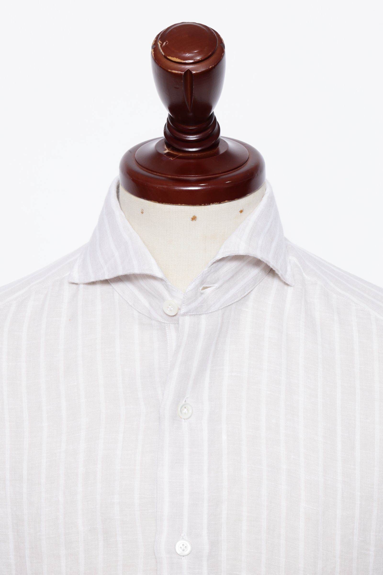 Vinci Fit ウォッシュド ストライプリネン カッタウェイカラー シャツ / ライトベージュ