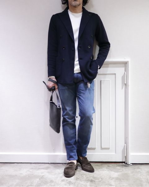 LARDINI - ラルディーニ ニット Wジャケットを使用した大人デニムスタイル