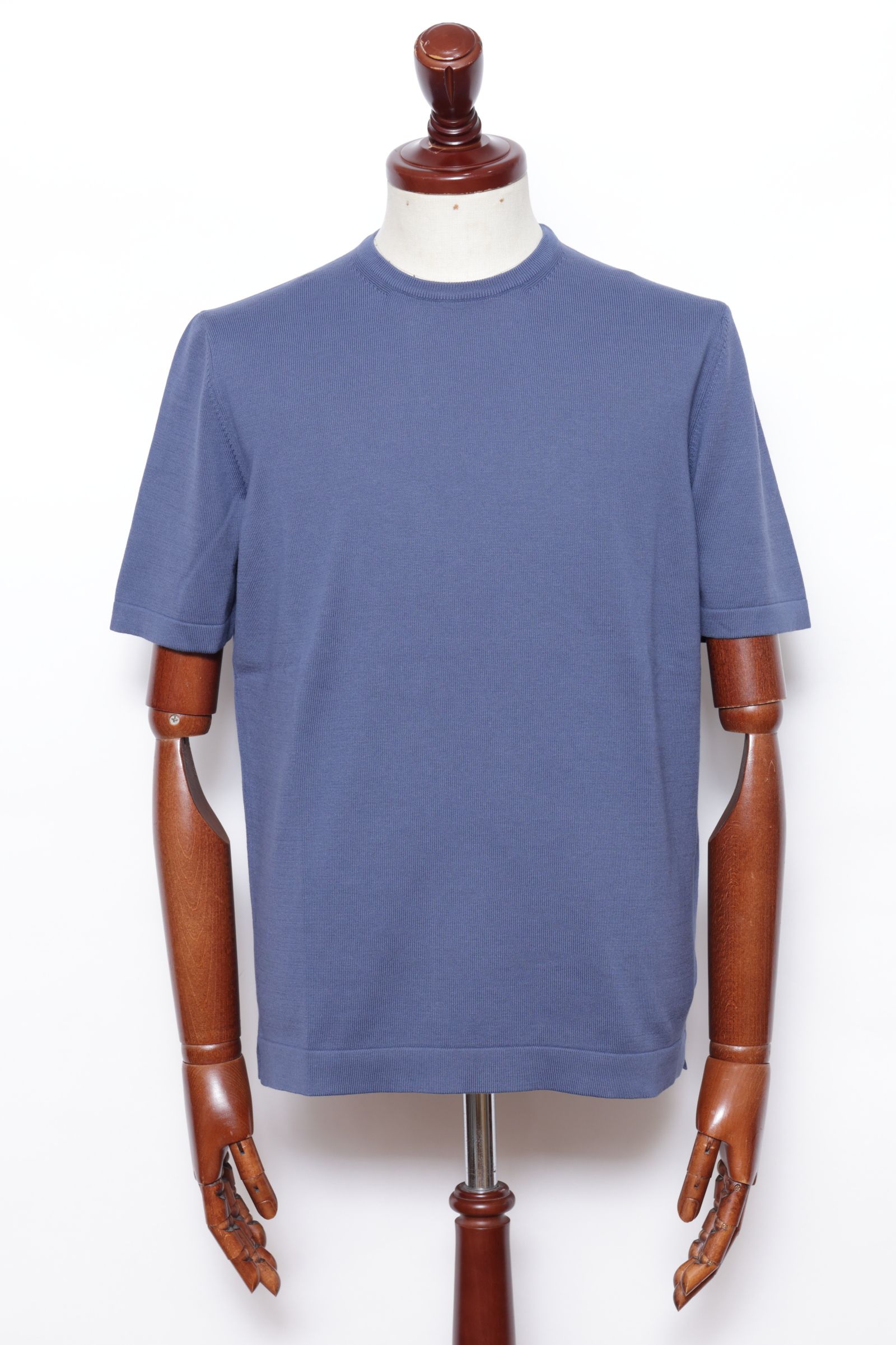 【サイズ52まであり】12G ハイゲージ ソフトコットン ソリッド クルーネック ニットTシャツ/ ブルー