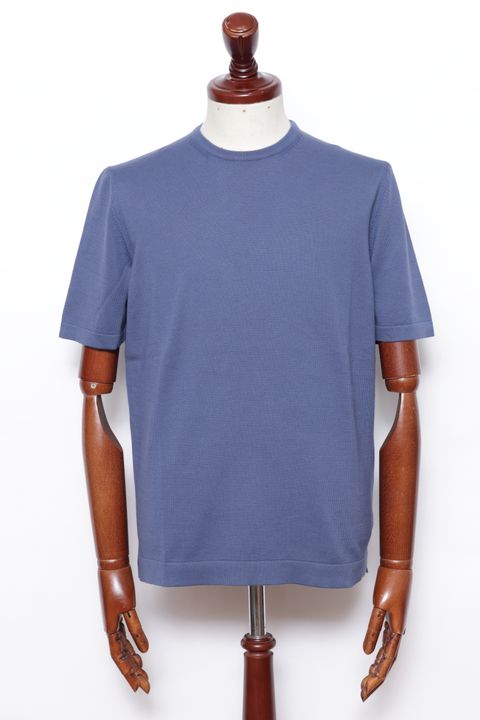 【サイズ52まであり】12G ハイゲージ ソフトコットン ソリッド クルーネック ニットTシャツ/ ブルー