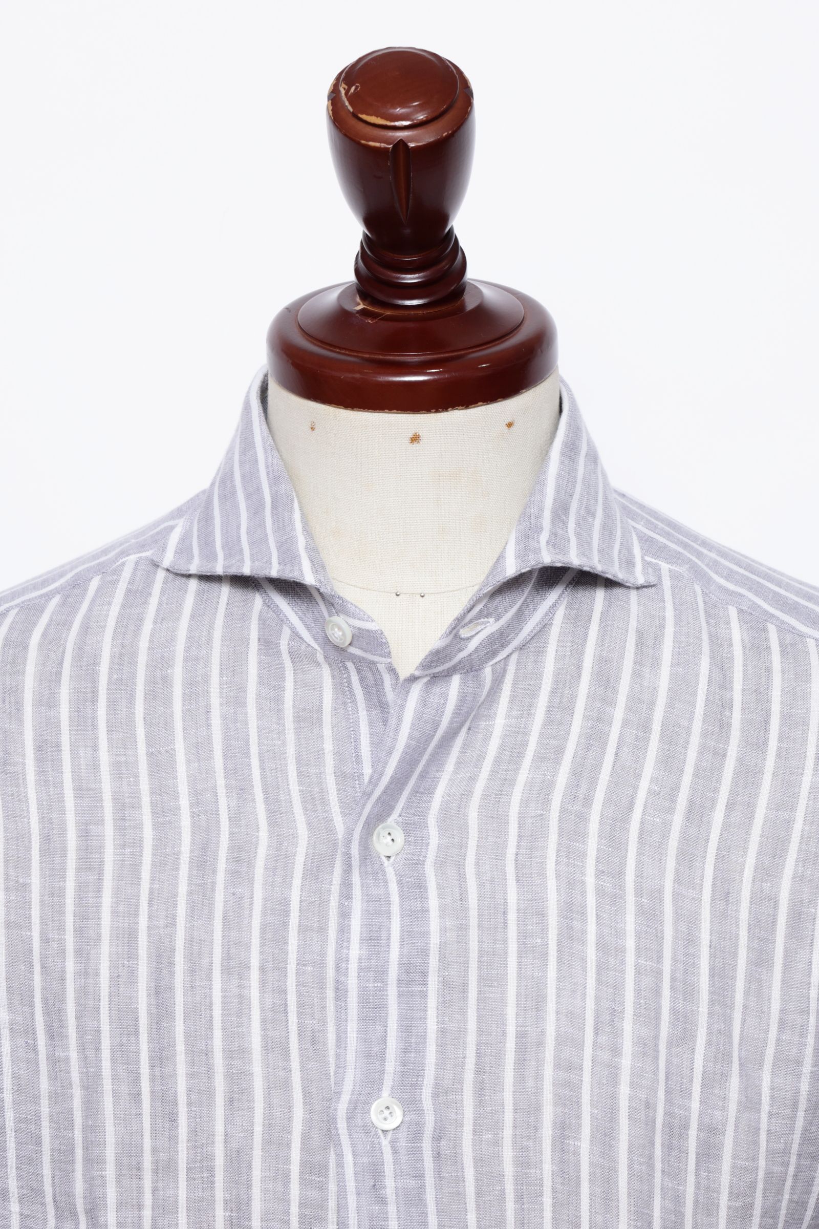 Vinci Fit ウォッシュド ストライプリネン カッタウェイカラー シャツ / ライトグレー