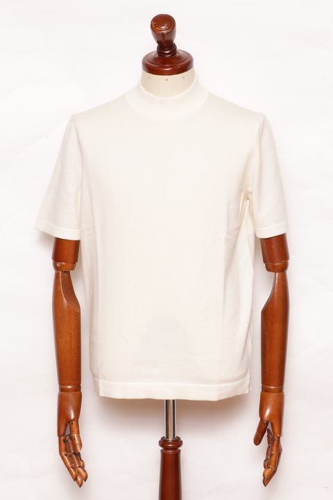 12G ハイゲージ ソフトコットン ソリッドモックネック ニットTシャツ/ オフホワイト
