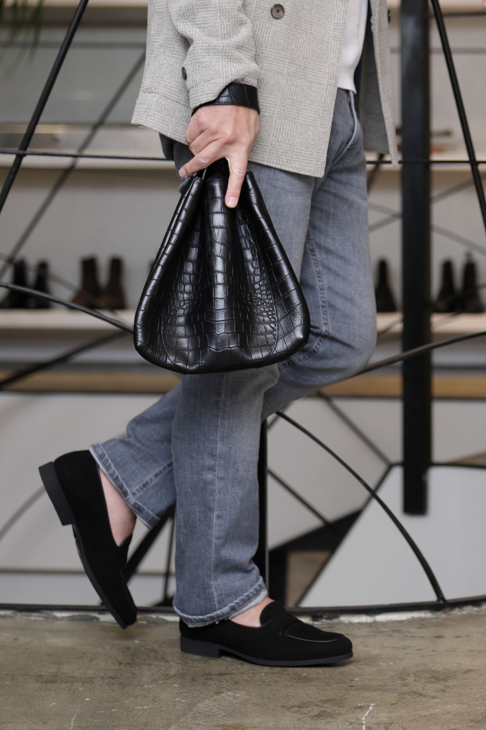 【BEKKU HOMME 別注】クロコダイル型押し ワンハンドルバッグ / ブラック