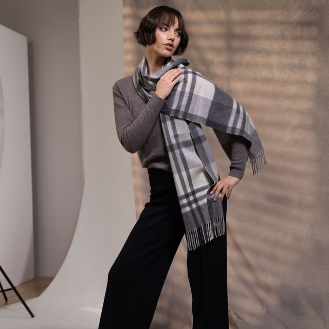 CPG52475 カシミア プライマリー ブラックウォッチ チェック ストール 35 x 190 / ホワイト×ライトグレー×グレー チェック