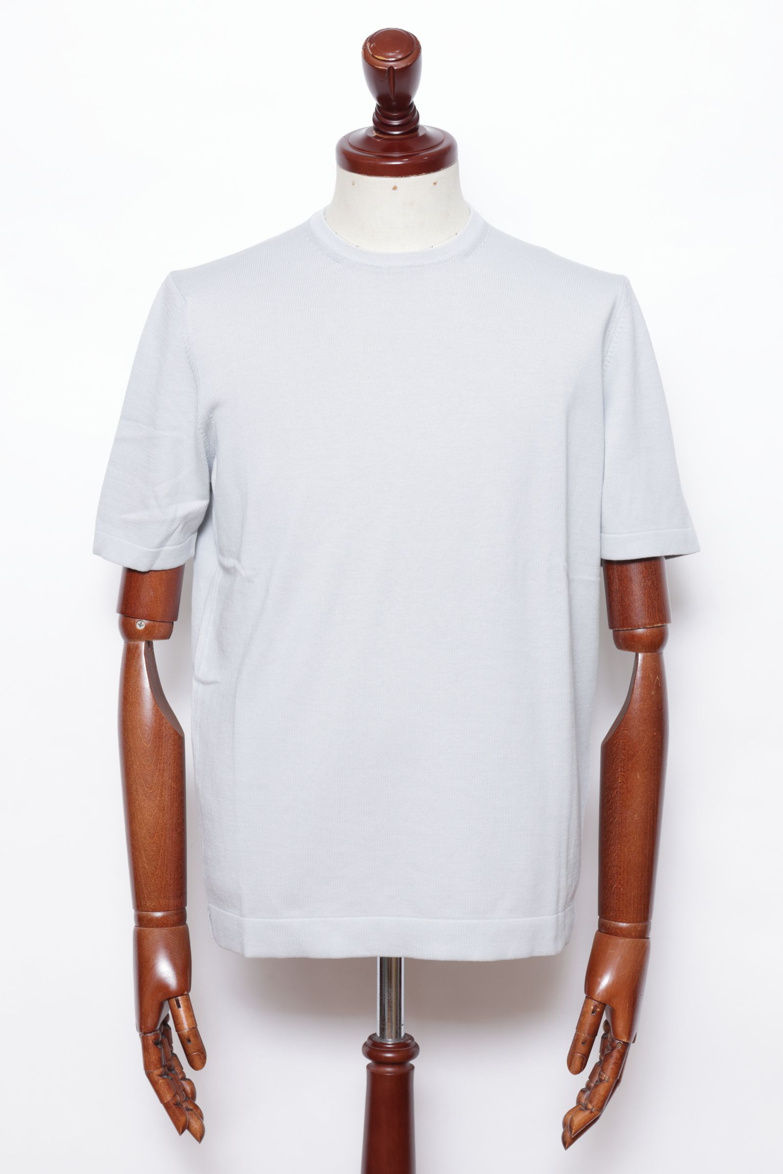 【サイズ54まであり】12G ハイゲージ ソフトコットン ソリッド クルーネック ニットTシャツ/ アイスグレー