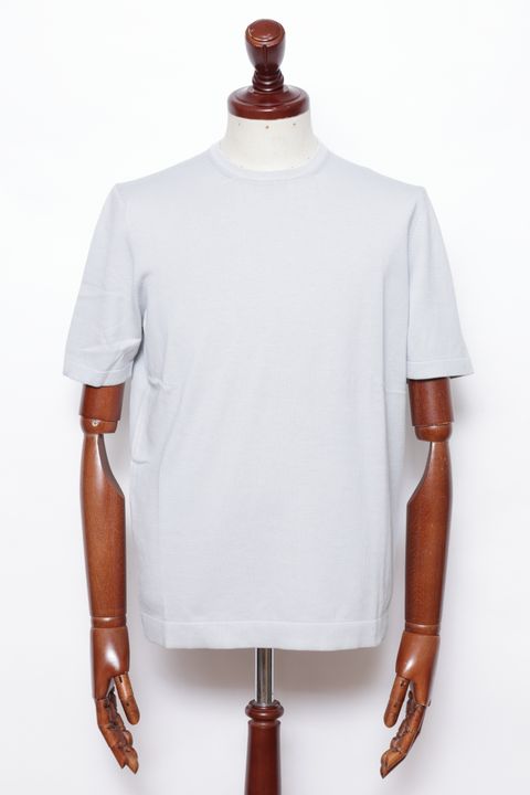 【サイズ54まであり】12G ハイゲージ ソフトコットン ソリッド クルーネック ニットTシャツ/ アイスグレー