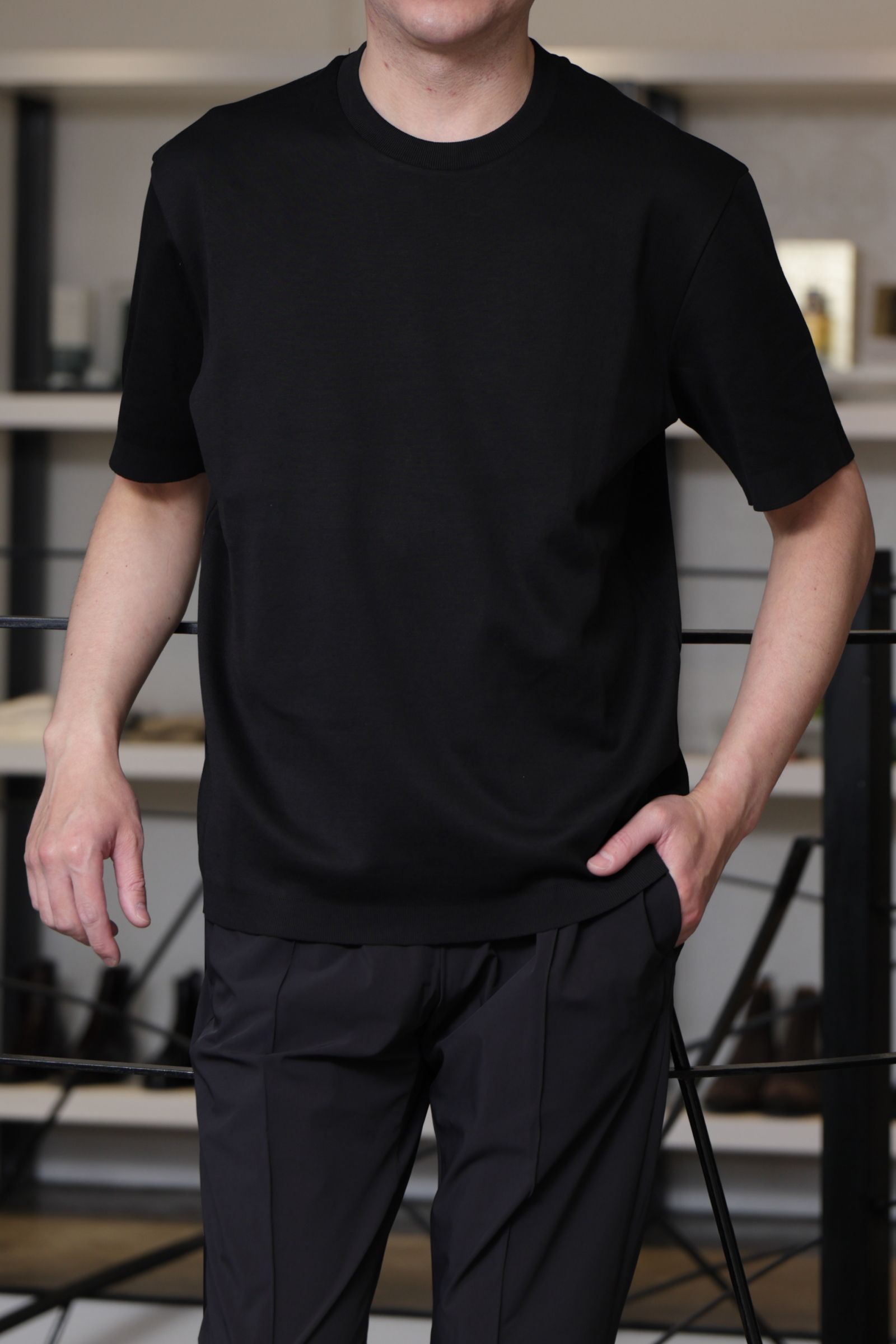 JG000206U ジャージニットエフェクト コットン クルーネック Tシャツ / ブラック