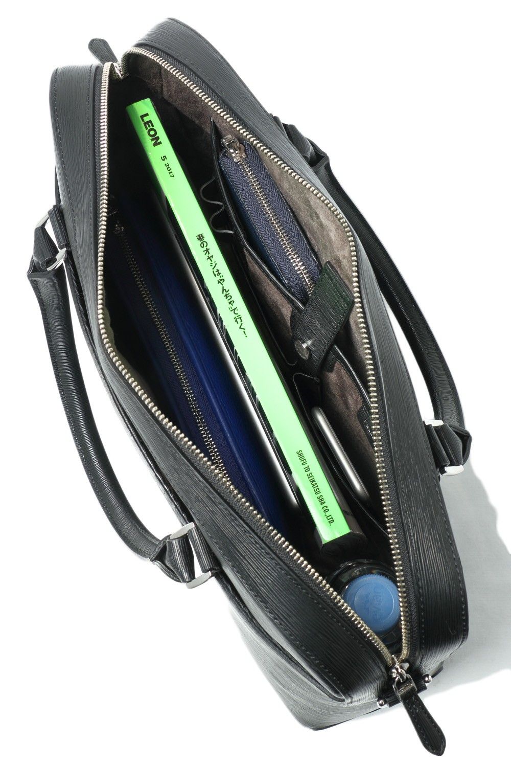 Capitano - キャピターノ 波形型押し レザー キャリースルー付き 3Way ブリーフバッグ (1ルーム) / ブラック