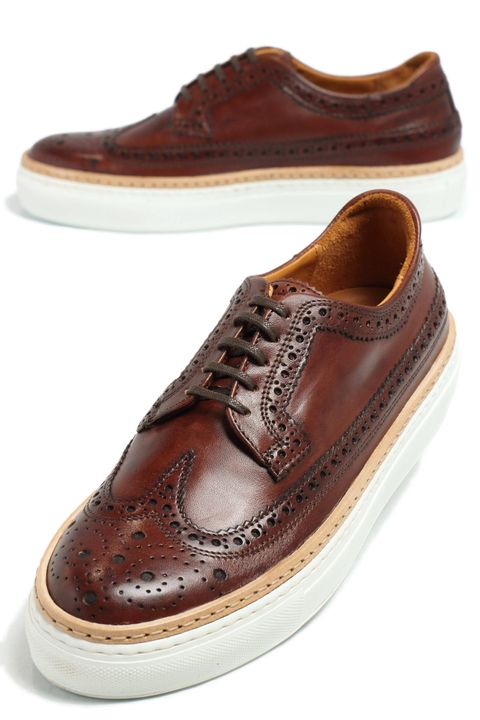 CLUB HOUSE フルブローグ パティーヌ カーフレザー ローカット ハイブリッド スニーカー / ダークブラウン