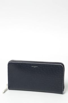 クロム鞣し 型押しレザー ラウンドジップ ロングウォレット / ネイビー × アイボリー