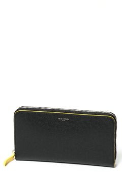 クロム鞣し 型押しレザー ラウンドジップ ロングウォレット / ブラック × イエロー