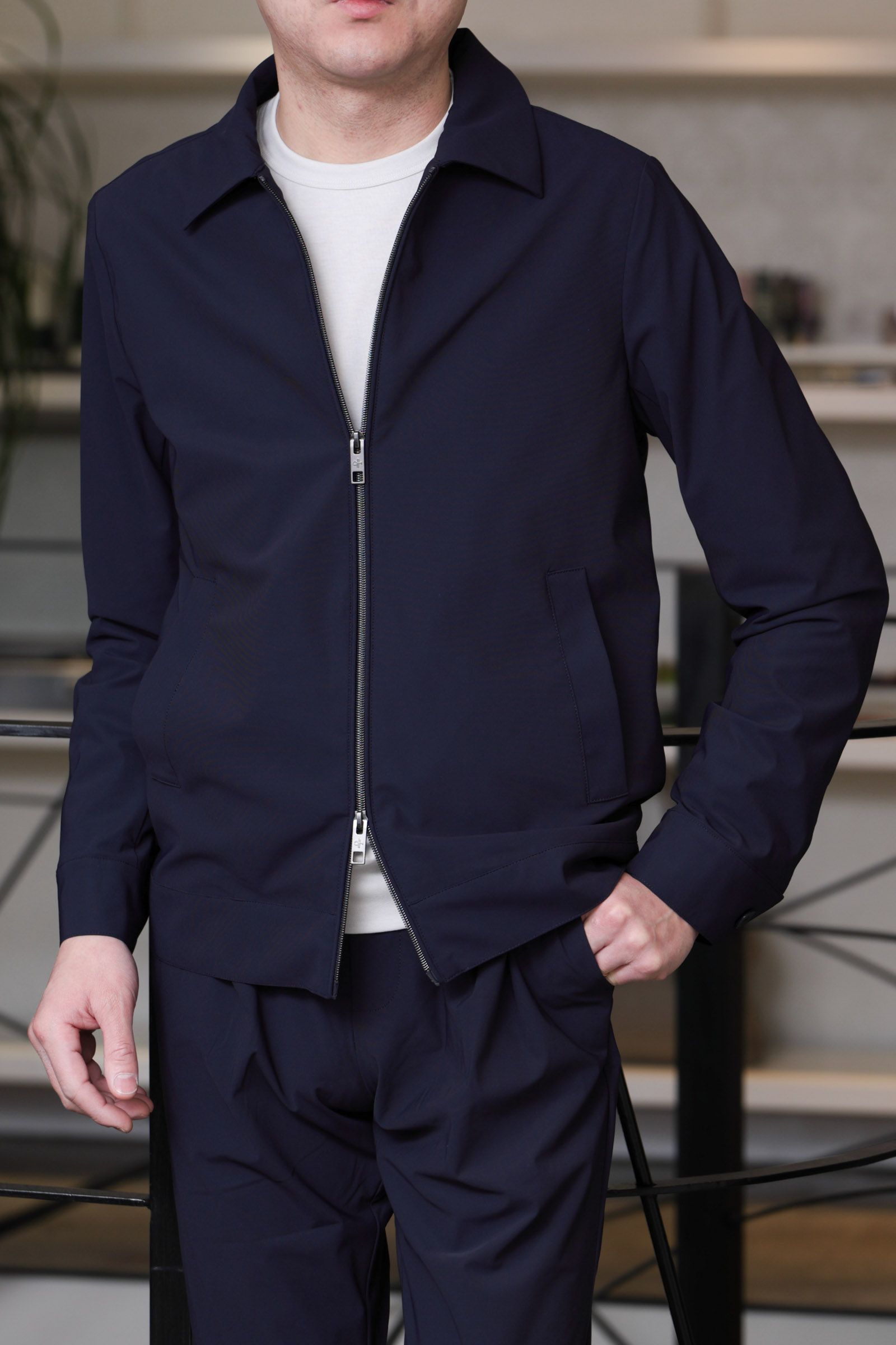 【セットアップあり】ストレッチ ナイロン ジャージ アビエイター ジャケット  / ネイビー