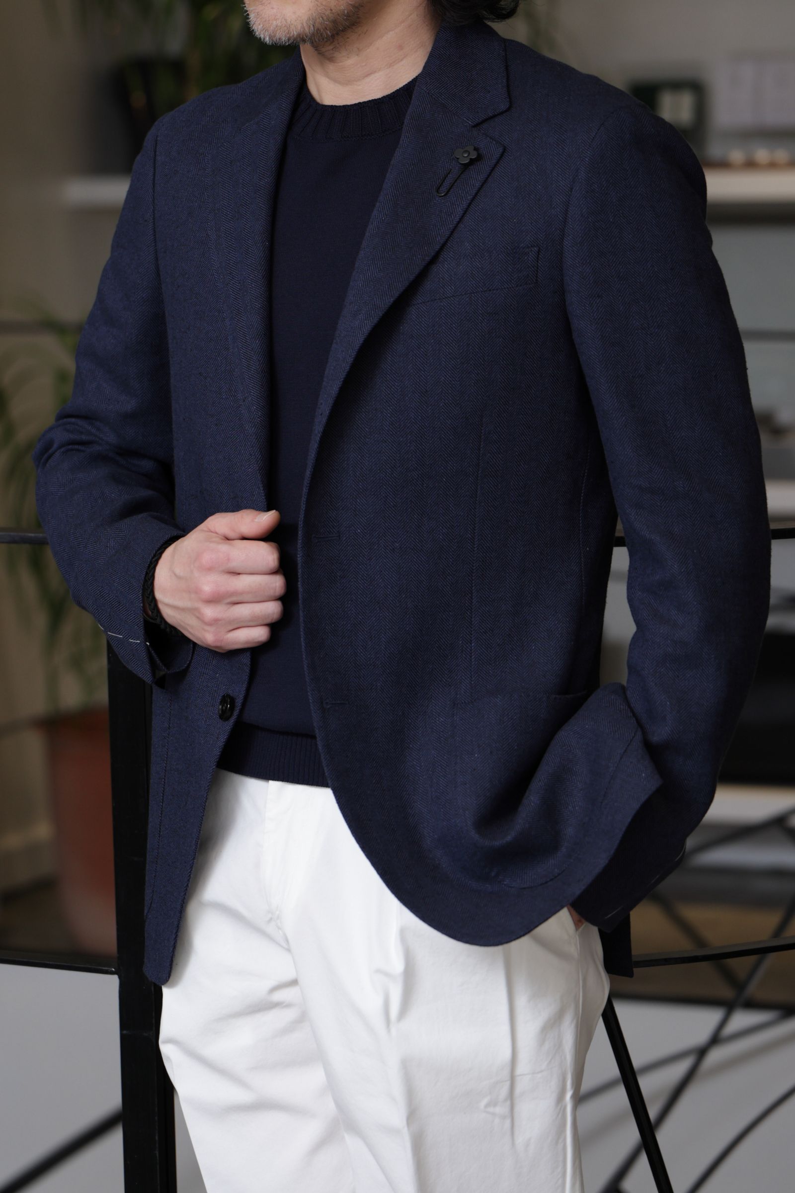 ROMA コットンリネン ヘリンボーン 2B シングル ジャケット / ネイビー