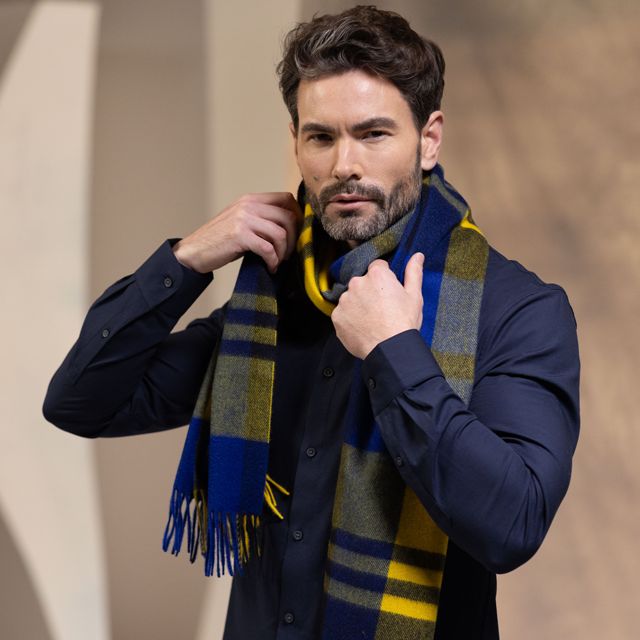 CPG52529 カシミア ブロックチェック ストール 50 x 190 / イエロー×コバルトブルー×ダークネイビーチェック