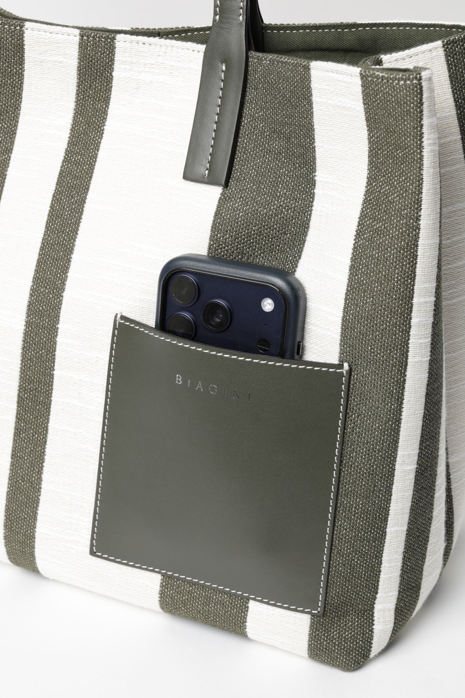 RIVIERA キャンバス ×  レザー ストライプ トートバッグ / オリーブ