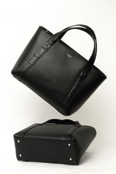 底鋲付き【BEKKU HOMME 別注】Tela Marinaシリーズ ファスナー式 クロコダイル型押し × シュリンクレザー コンビネーション ミニトートバッグ  / ブラック