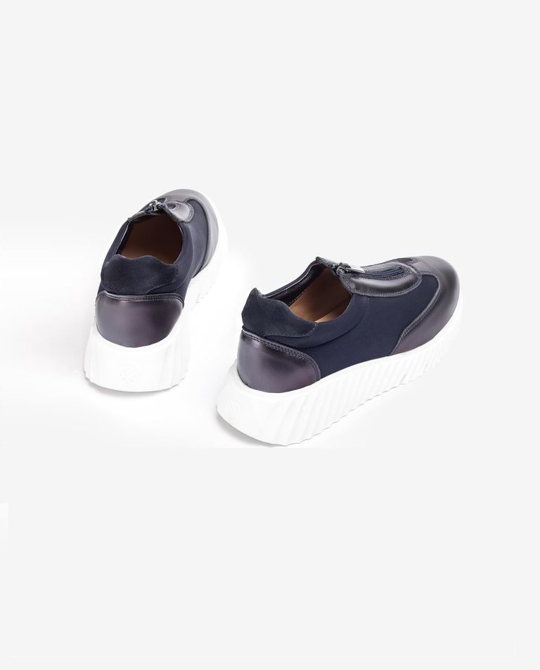 EFICO 厚底 フロントジップ レザー ナイロン 異素材 スニーカー ヒール5.5/ ネイビー