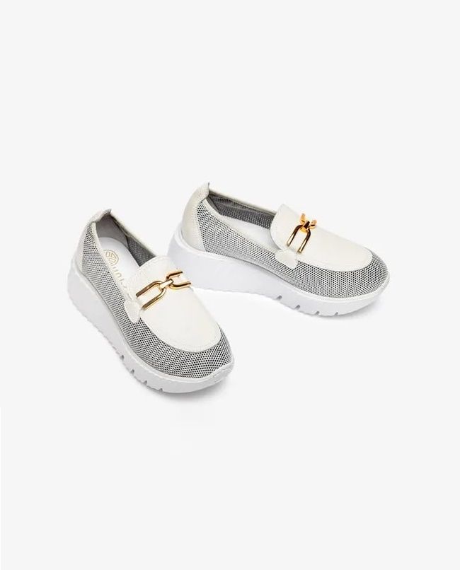ESTELLA 厚底 ローファースニーカー レザー メッシュ 異素材ヒール5.5 / ホワイト