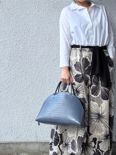 ST23040 ハーフムーン レザー クロコ型押し 2way ハンドバッグ / ネイビー