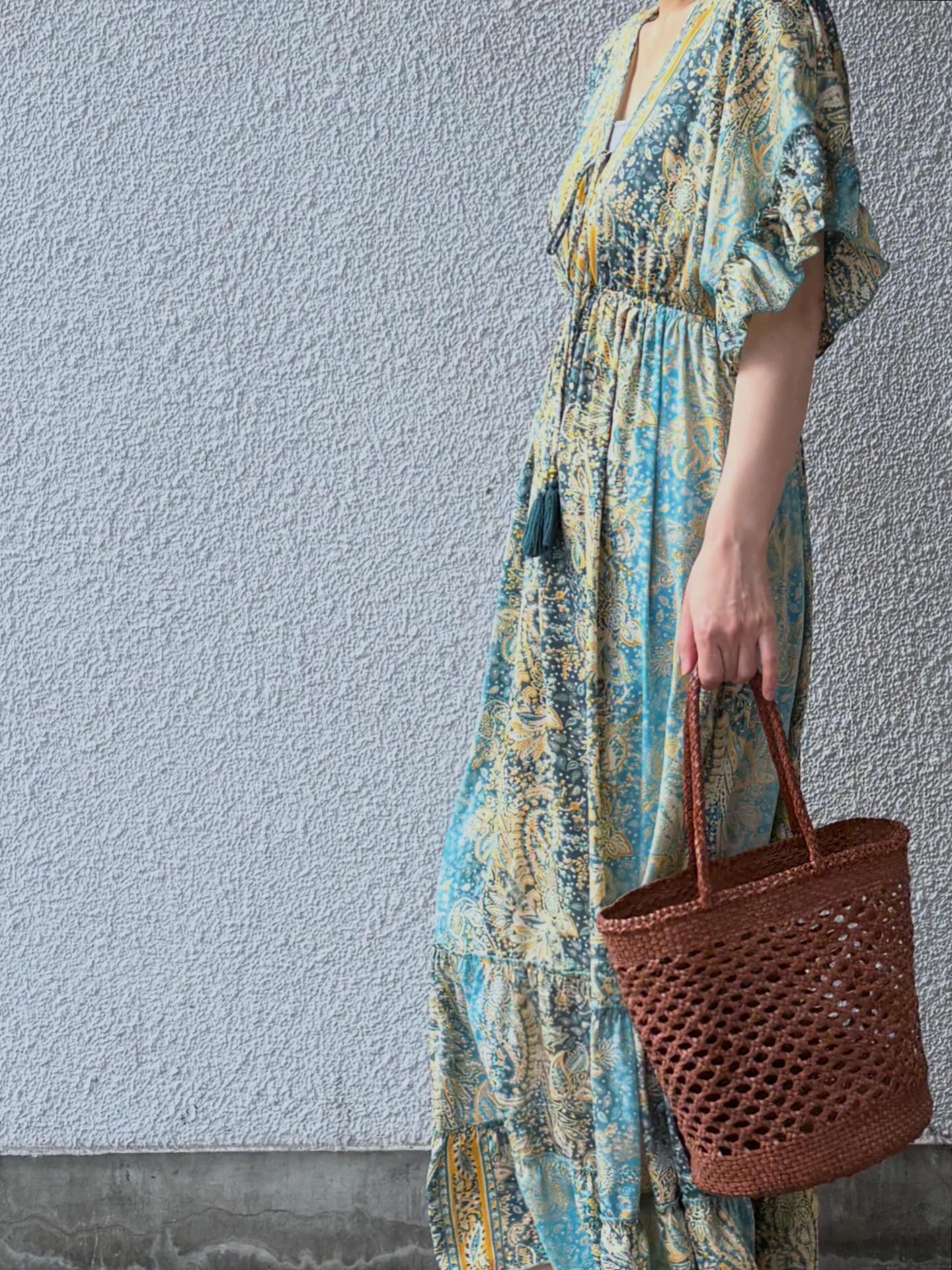 8863 ROUND BUCKET (XXL WEAVE) doragon イントレチャート レザー メッシュバッグ / タン