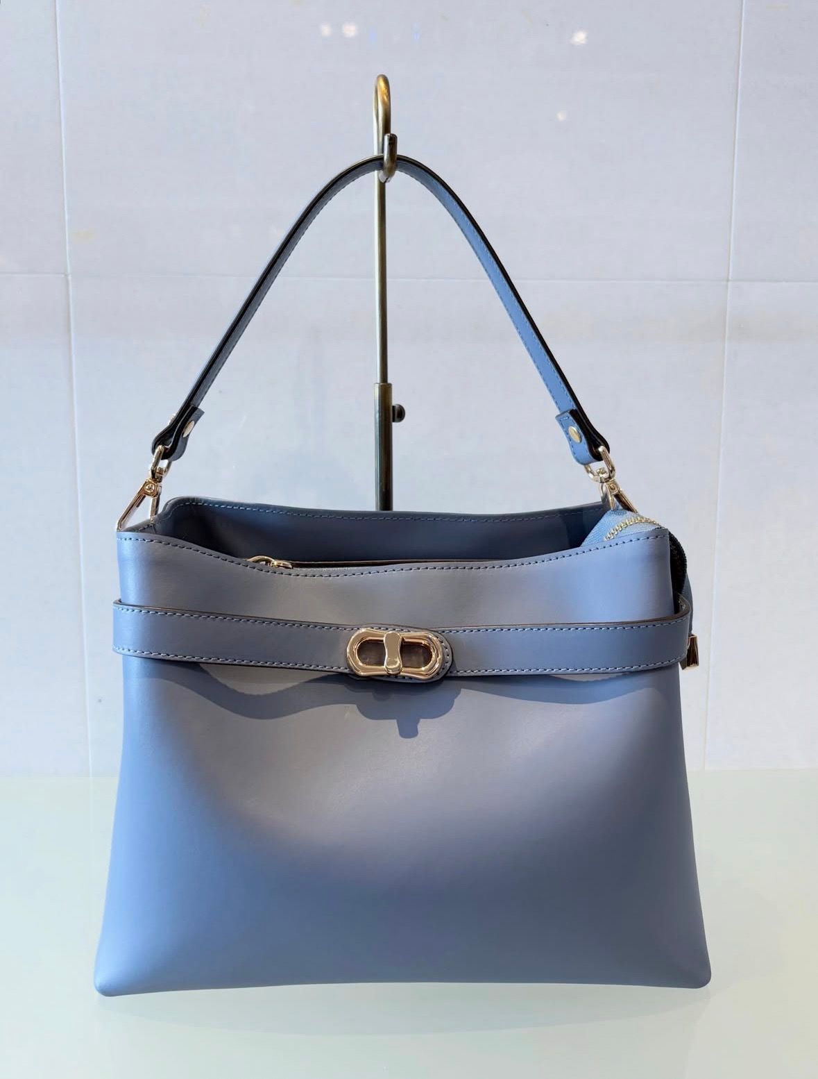 C371 レザー ワンハンドル 2WAY ショルダー ハンドバッグ / ブルー