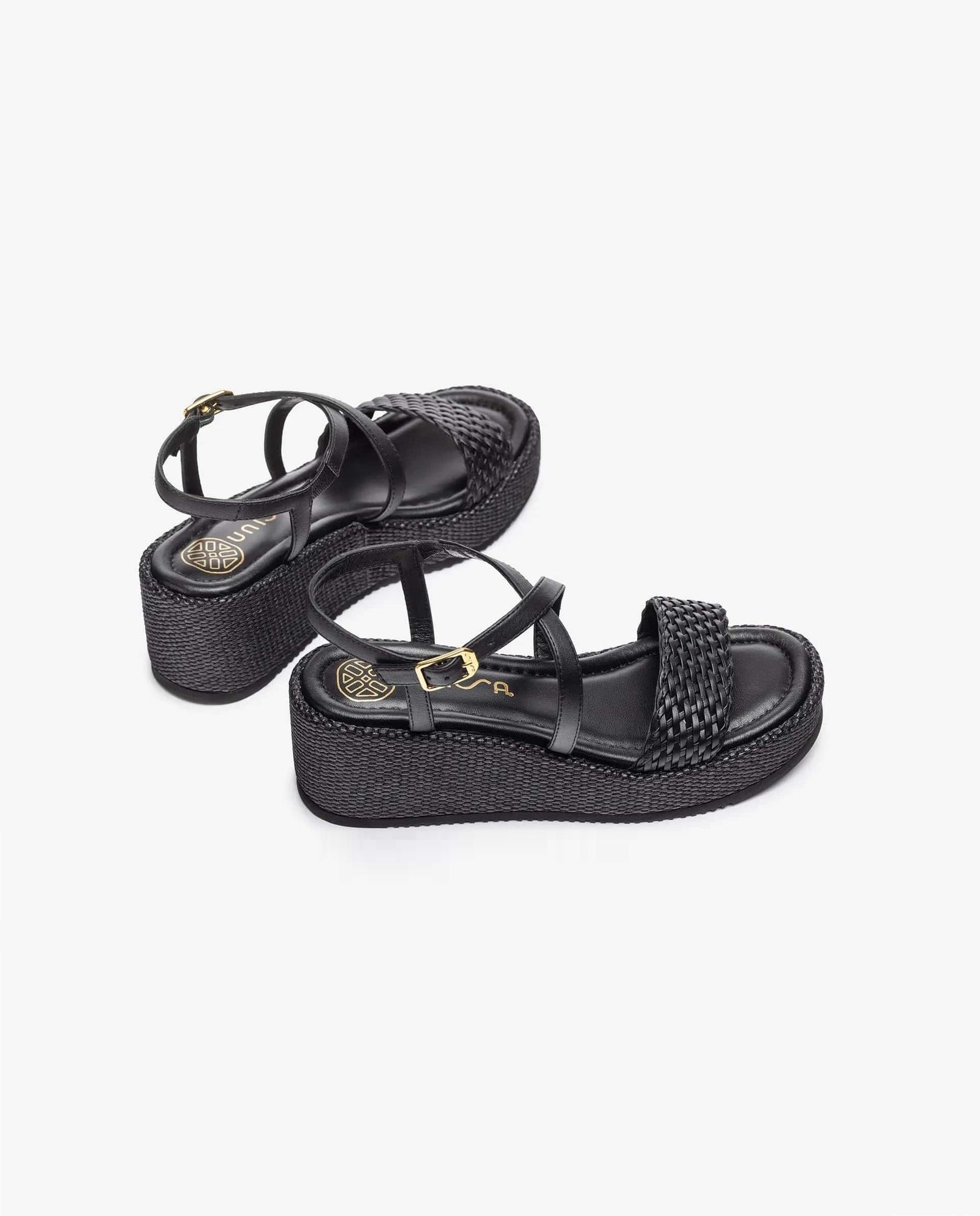 KALION レザー イントレチャート 厚底 ウエッジソール サンダル ヒール6.5 / ブラック