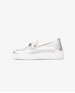 FINDAY レザー スリッポン チェーン金具 厚底 ヒール4.0 / シルバー
