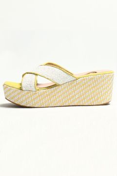 OFELIA グリッター レザー ウエッジソール ミュール サンダル ヒール6.5 / イエローコンビ