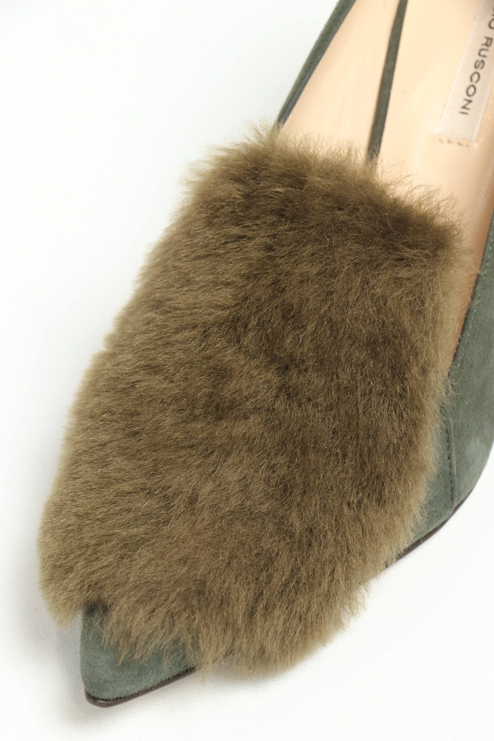 COCCO ファー付き ポインテッドトゥ スエード レザー チャンキーヒール パンプス  ヒール6.5 / グリーン