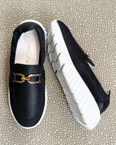 ESTELLA 厚底 ローファースニーカー レザー メッシュ 異素材ヒール5.5 / ブラック