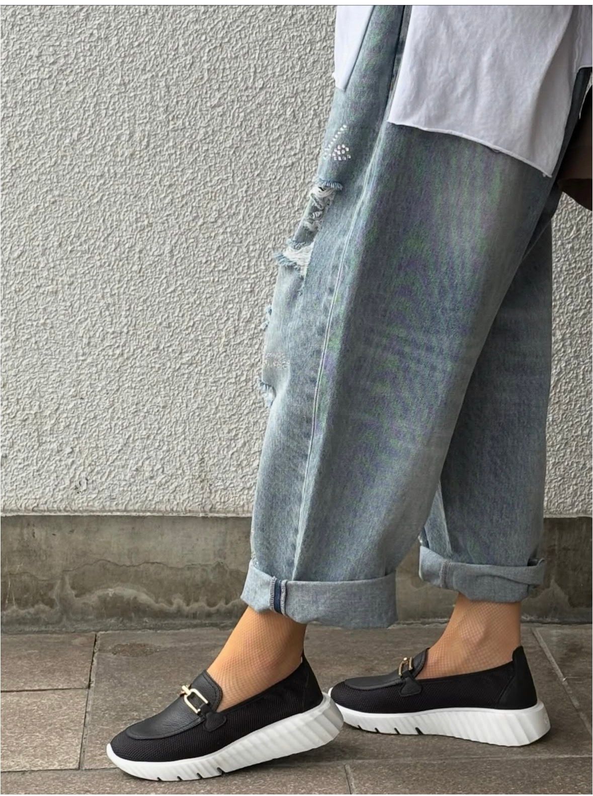 ESTELLA 厚底 ローファースニーカー レザー メッシュ 異素材ヒール5.5 / ブラック