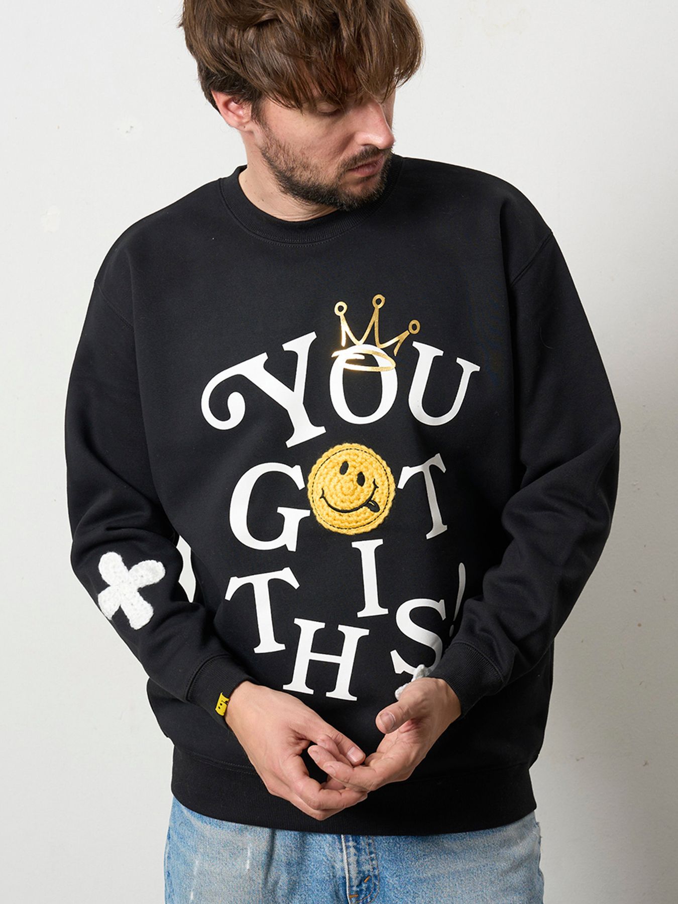 【予約品 5月8日(木) AM10時 締切】 TC裏毛起毛 YOU GOT THIS マルチパッチワークスウェットシャツ / ブラック