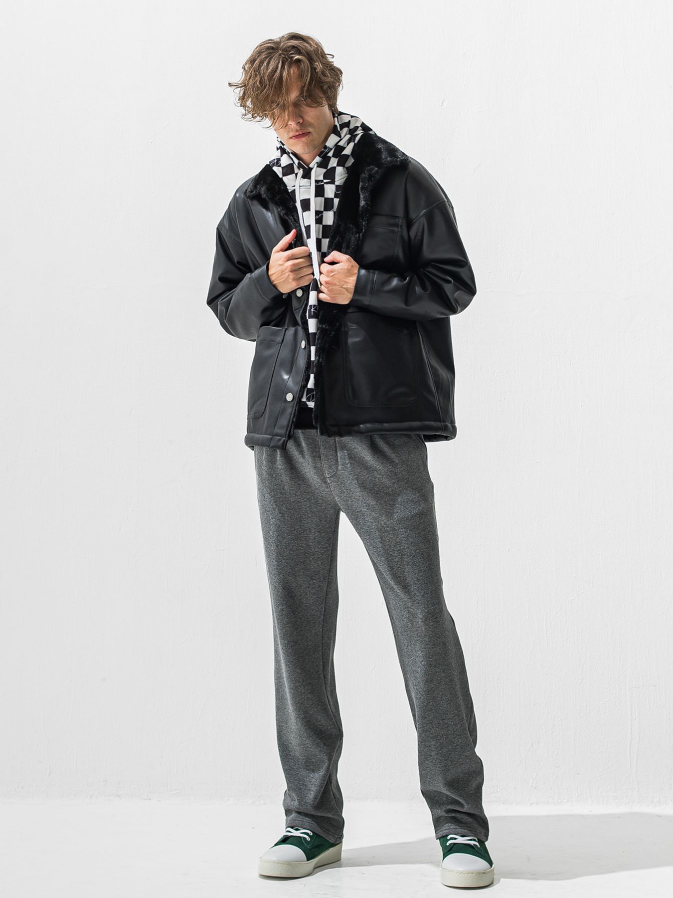 【予約品 9月6日(日) 締切】CHECKER BACK FLEECE TRAINER / 裏起毛 ルーズフーディー / ホワイト×ブラック