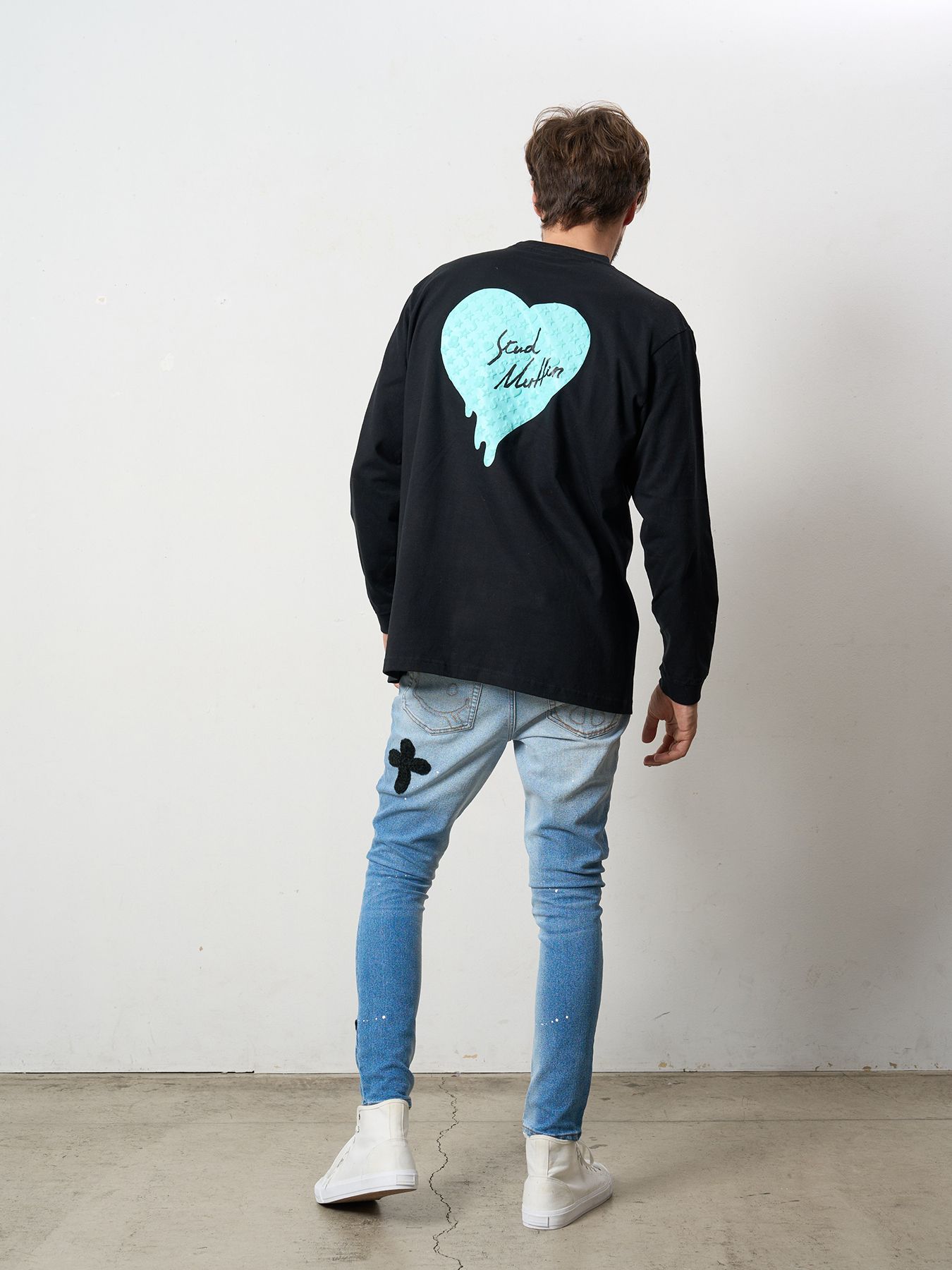 【予約品 5月8日(木) AM10時 締切】 5.6ozコットン天竺 スターグラムハート＆シークインLS Tシャツ / ブラック